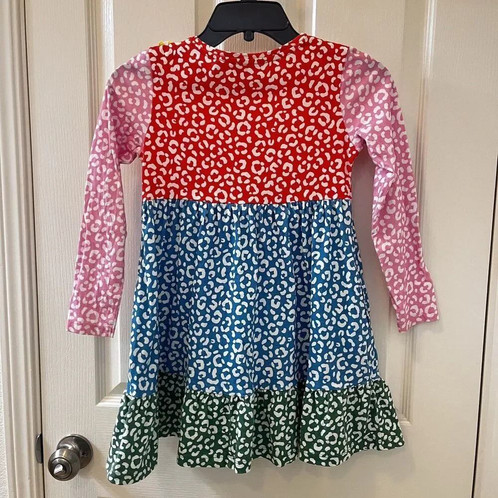 Mini Boden Colorblock Cheetah Print Dress Long Sleeve Ruffle Girls Size 7-8